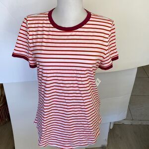 Red white striped burgundy banded trim 100 % cotton Tshirt NWT